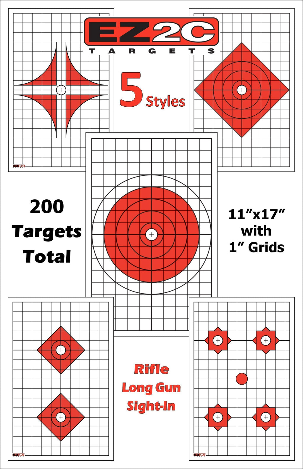 200 EZ2C Targets Most Popular 5 Rifle Styles Paper Targets Bundle 11"x17" USA Made