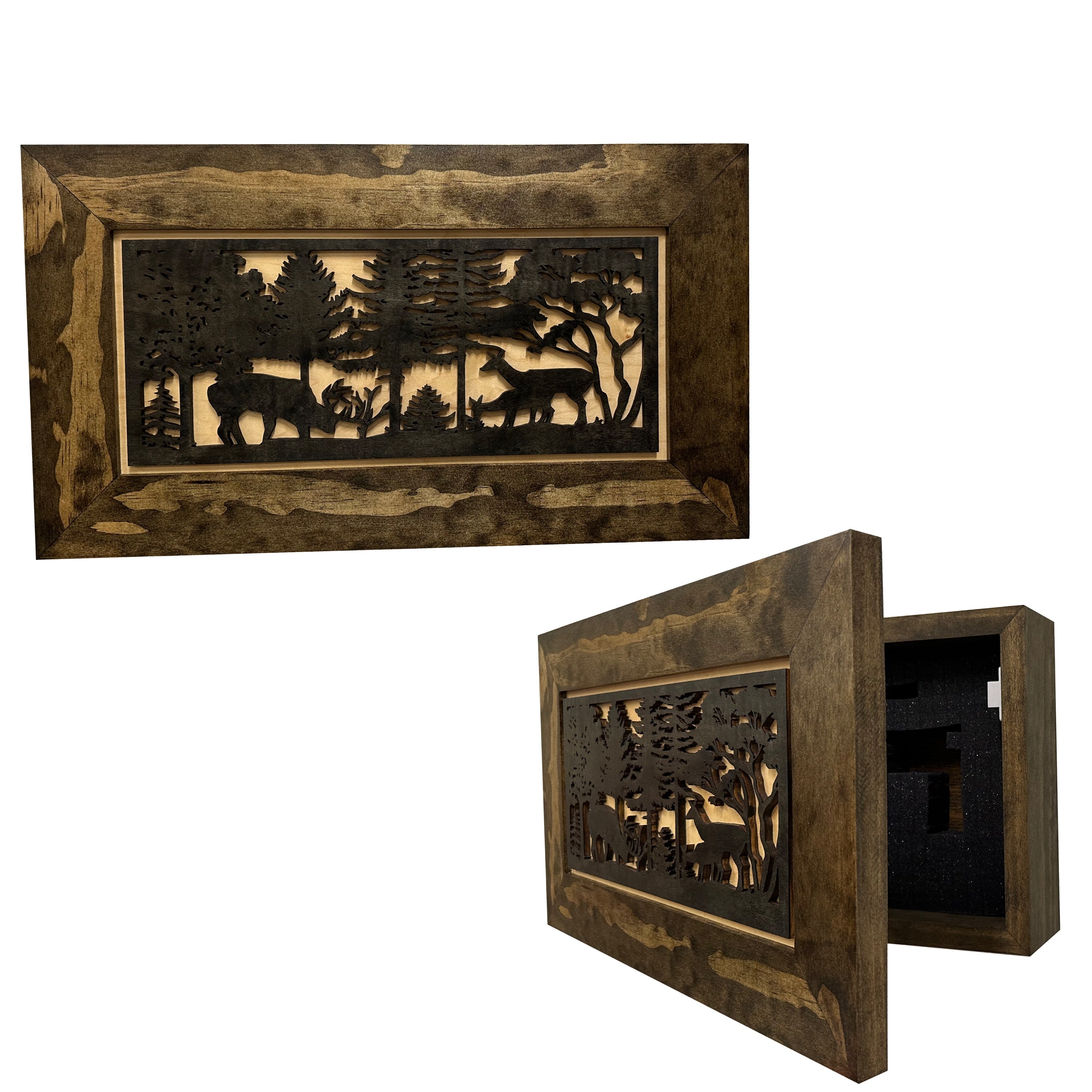 Hidden Gun Safe - Deer Scene Wall Gun Cabinet - Hidden Wall Storage - Wood Gun Cabinet - Handcrafted Gun Concealment Furniture - Hidden Gun Storage by Bellewood Designs