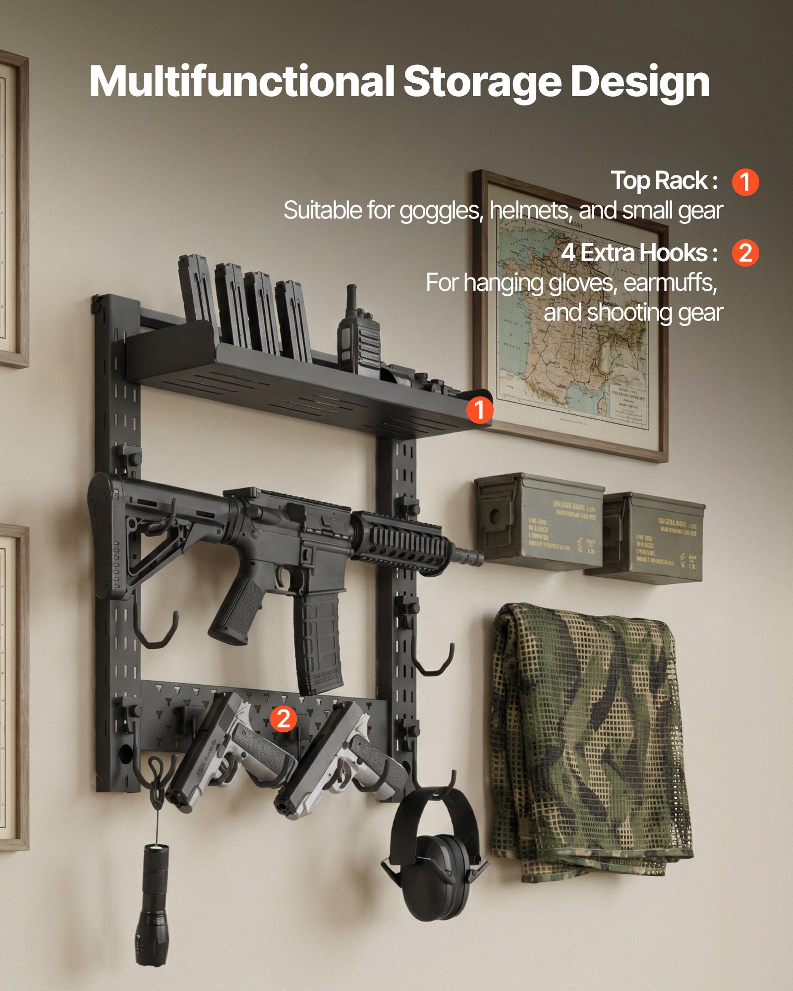 Gun Rack Wall Mount, Heavy Duty Steel, Indoor Rifle Shotgun Rack with J-Hooks, Additional Tray Storage, Gun Accessories Display Storage Holder, Hold Up to 3 Rifles or Shotguns, for Tactical Gear
