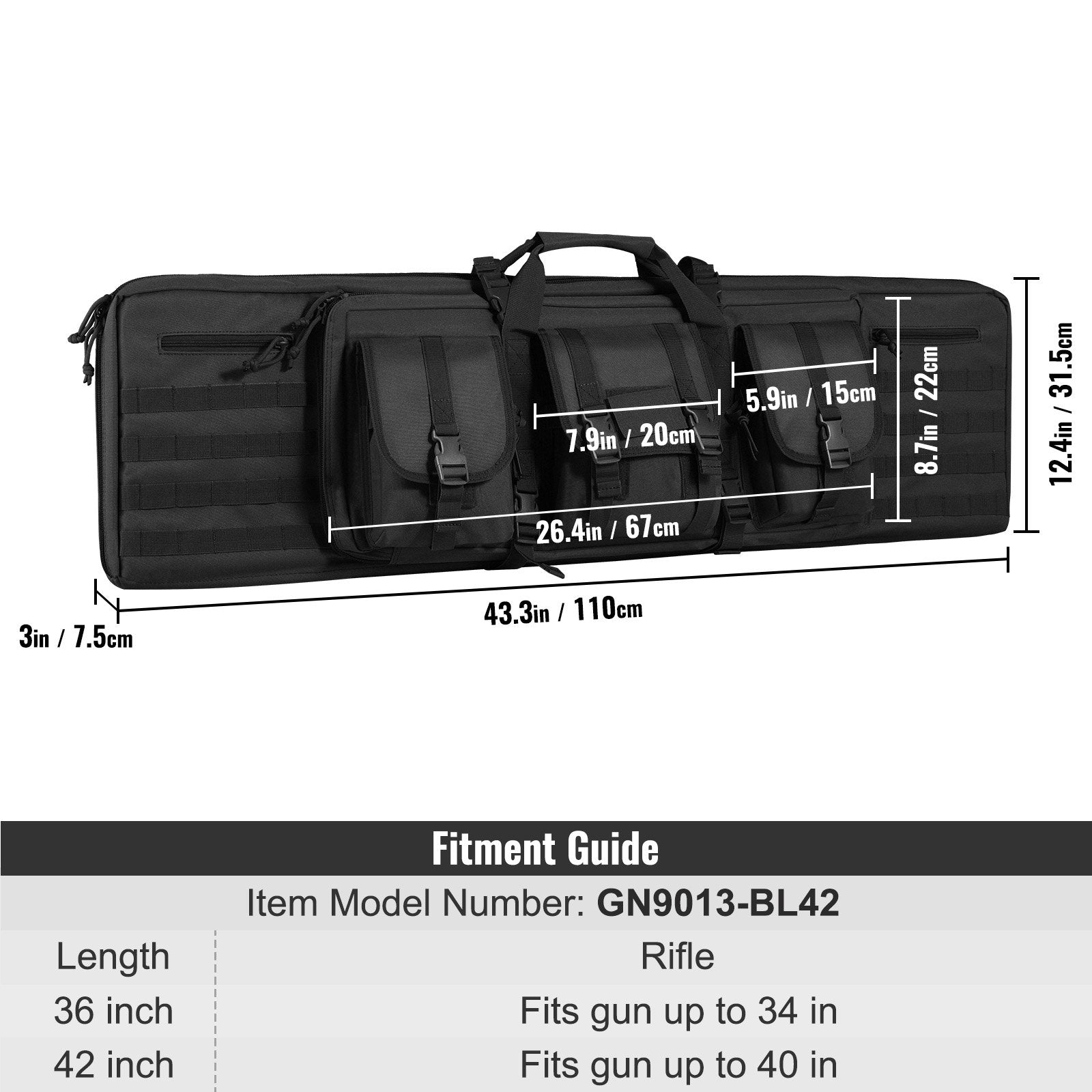 Rifle Bag, 42 inch Tactical Double Long Gun Bag, Soft Rifle Case with Lockable Zipper, Portable Handle & Shoulder Strap, 3 Large Storage Pockets Rifle Case for Two 40" Rifles & 2 Pistols