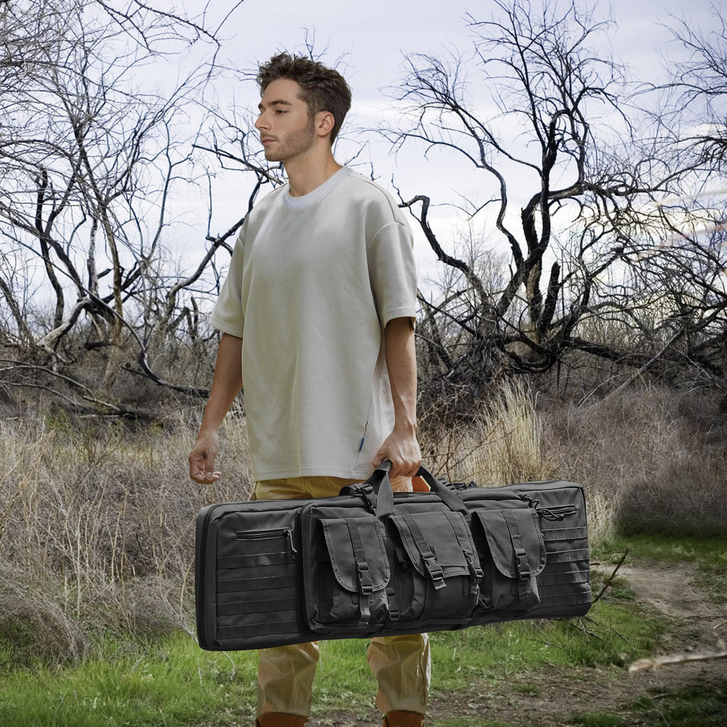 Rifle Bag, 42 inch Tactical Double Long Gun Bag, Soft Rifle Case with Lockable Zipper, Portable Handle & Shoulder Strap, 3 Large Storage Pockets Rifle Case for Two 40" Rifles & 2 Pistols