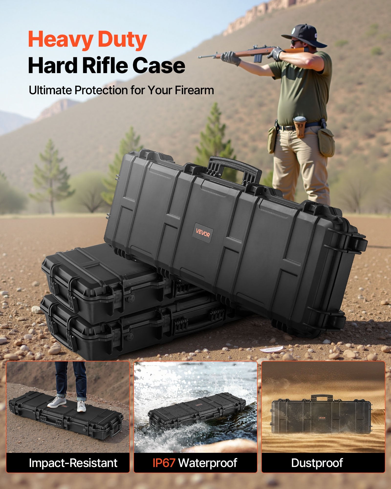 40" Hard Rifle Case, Lockable Rifle Case with Pre-cut Foams, Gun Storage with Wheels, IP67 Waterproof & Dustproof Movable Large Pistol Storage for Rifles, Shotguns, Airsoft Guns