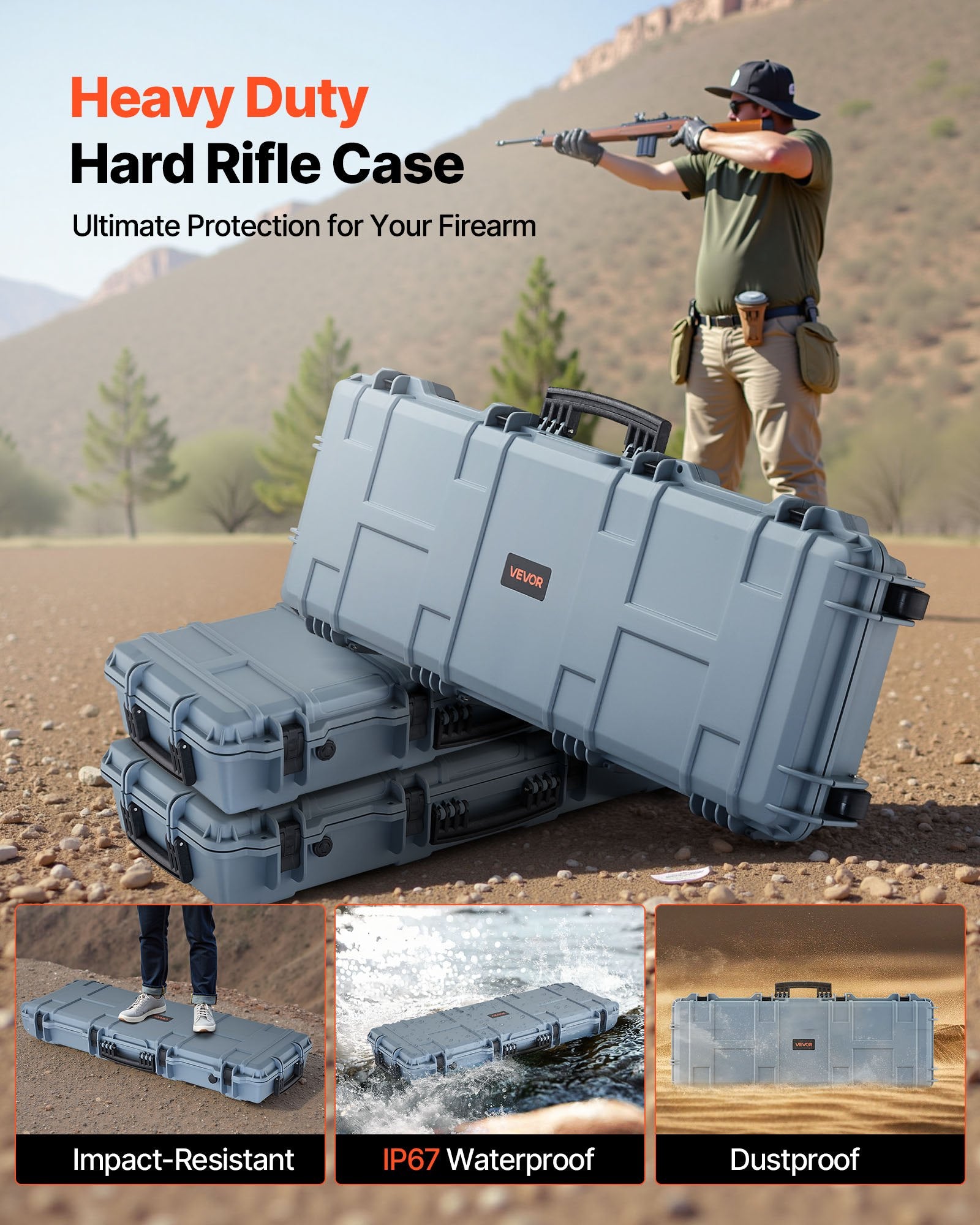 42" Hard Rifle Case, Lockable Rifle Case with Pre-cut Foams, Movable Gun Storage with Wheels, IP67 Waterproof & Dustproof Pistol Storage for Rifle, Shotgun, Airsoft Gun