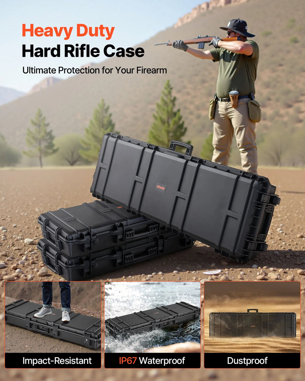 50" Black Hard Rifle Case, Lockable Rifle Case with Detachable XPE Foam, Gun Storage with Wheels, IP67 Waterproof & Dustproof Pistol Storage Cases for Rifles, Shotguns, Airsoft Guns