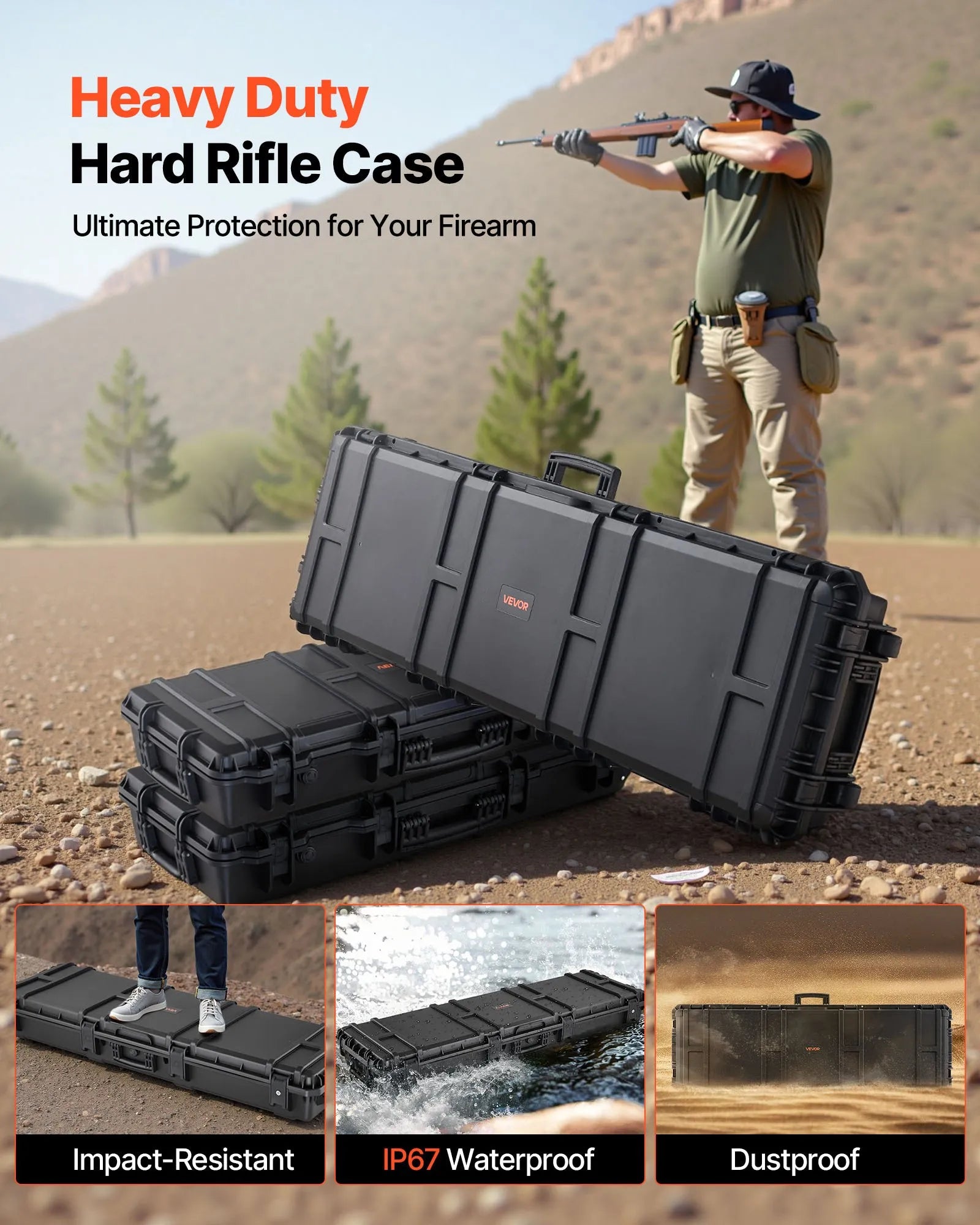 50" Black Hard Rifle Case, Lockable Rifle Case with Detachable XPE Foam, Gun Storage with Wheels, IP67 Waterproof & Dustproof Pistol Storage Cases for Rifles, Shotguns, Airsoft Guns