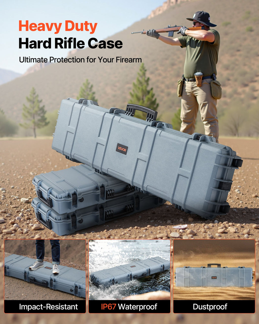 50" Hard Rifle Case, Lockable Rifle Case with Pre-cut Foams,Movable Gun Storage with Wheels, IP67 Waterproof & Dustproof Pistol Storage for Rifle, Shotgun, Airsoft Gun