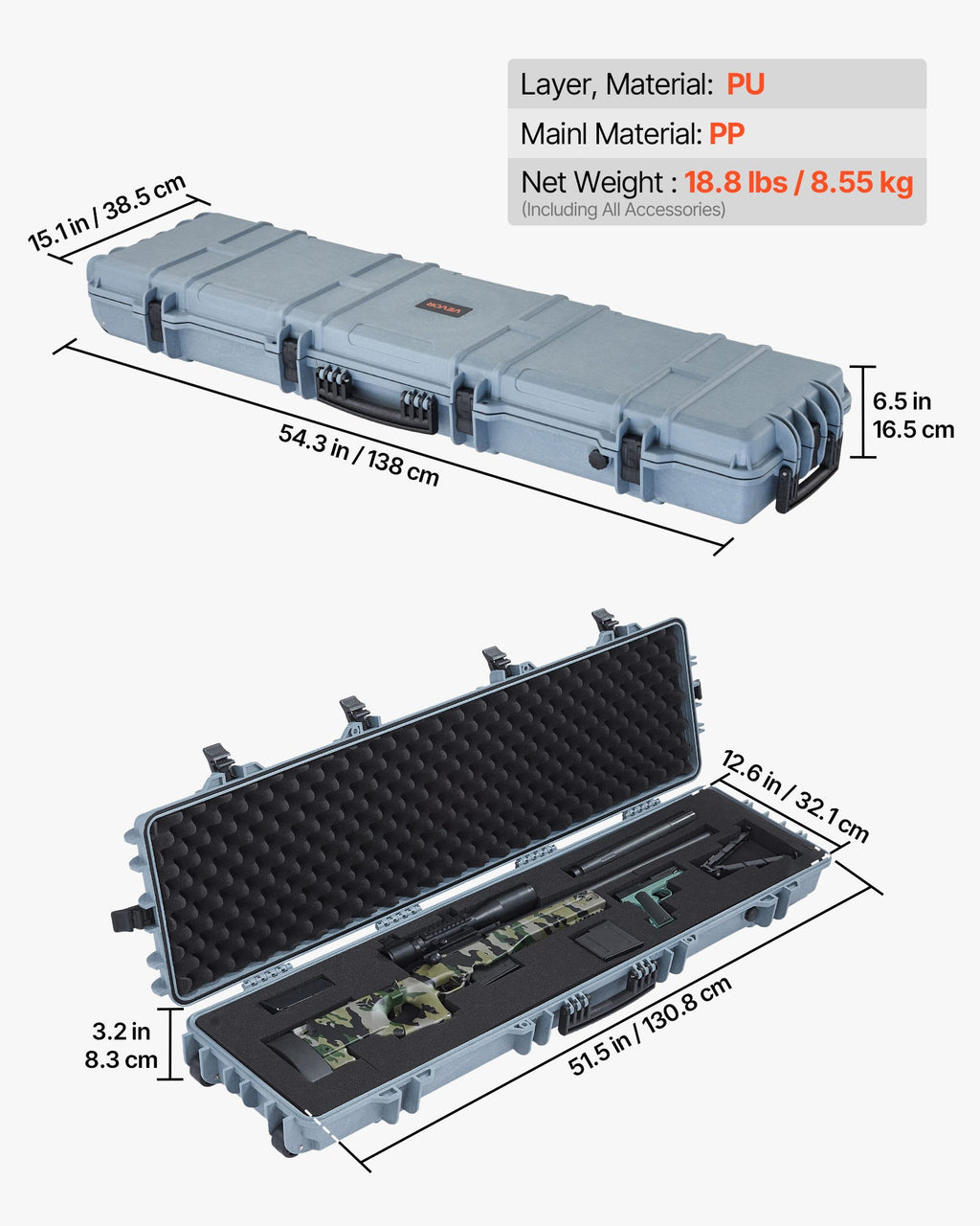 50" Hard Rifle Case, Lockable Rifle Case with Pre-cut Foams,Movable Gun Storage with Wheels, IP67 Waterproof & Dustproof Pistol Storage for Rifle, Shotgun, Airsoft Gun