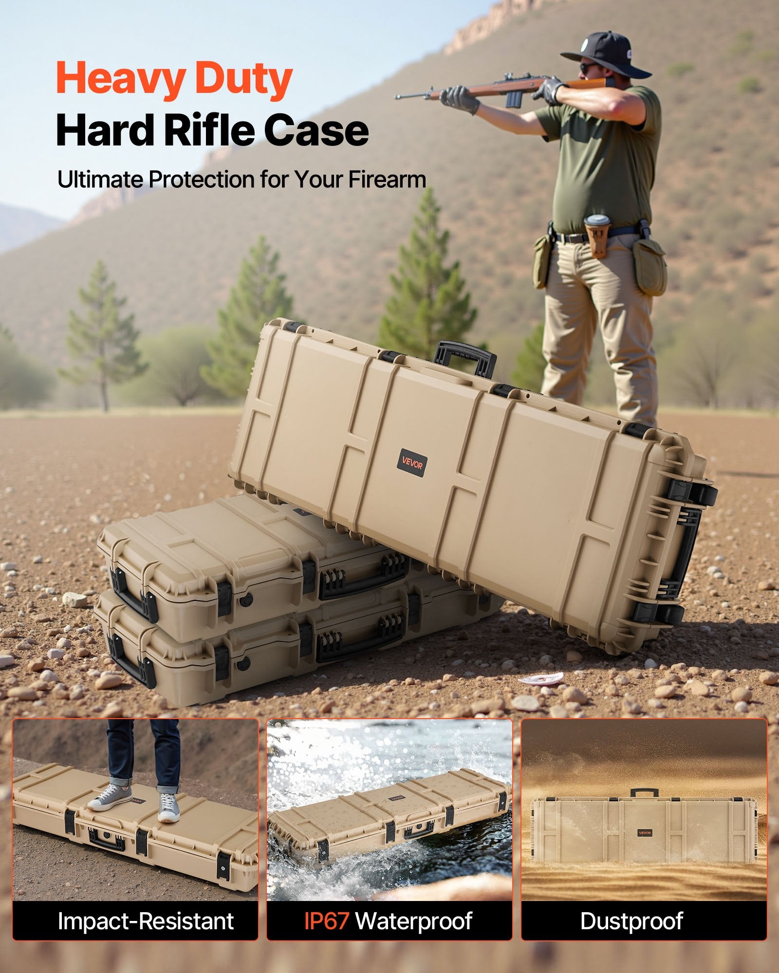 52" Hard Rifle Case, Lockable Rifle Case with Pre-cut Foams, Gun Storage with Wheels, Heavy Duty IP67 Waterproof & Dustproof Pistol Storage Cases for Rifles, Shotguns, Airsoft Guns