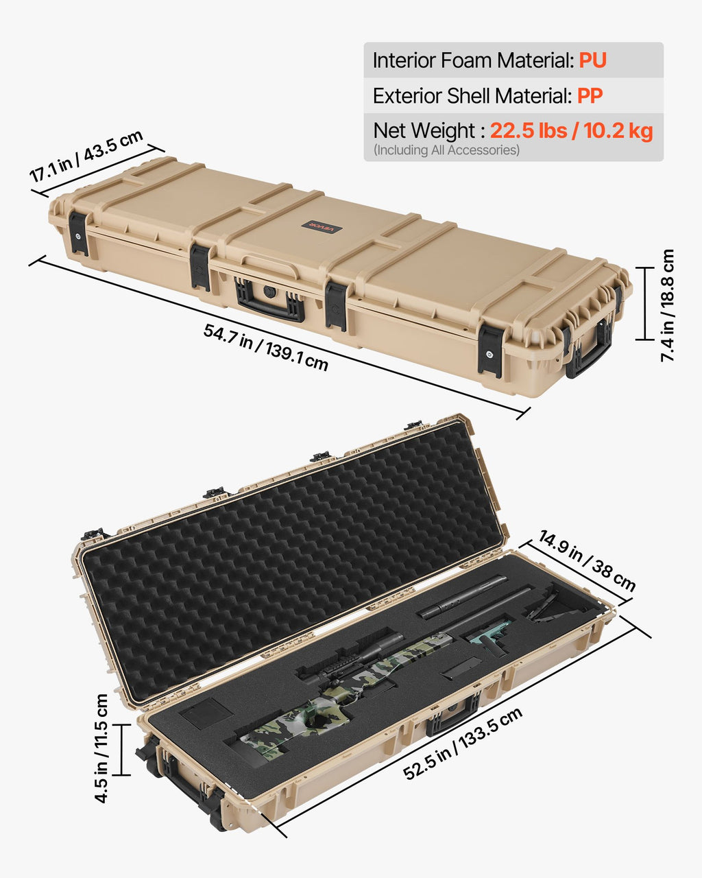 52" Hard Rifle Case, Lockable Rifle Case with Pre-cut Foams, Gun Storage with Wheels, Heavy Duty IP67 Waterproof & Dustproof Pistol Storage Cases for Rifles, Shotguns, Airsoft Guns