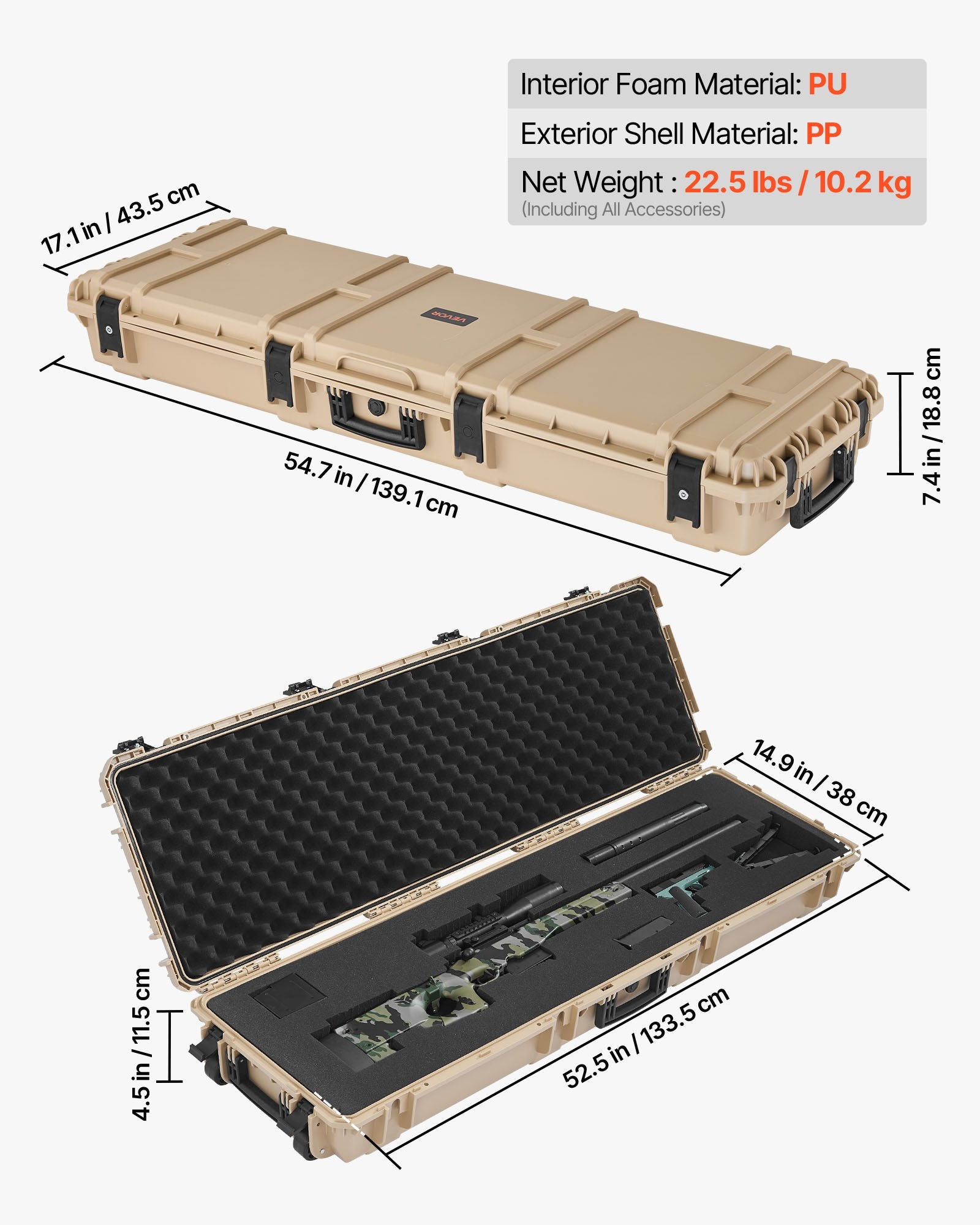 52" Hard Rifle Case, Lockable Rifle Case with Pre-cut Foams, Gun Storage with Wheels, Heavy Duty IP67 Waterproof & Dustproof Pistol Storage Cases for Rifles, Shotguns, Airsoft Guns