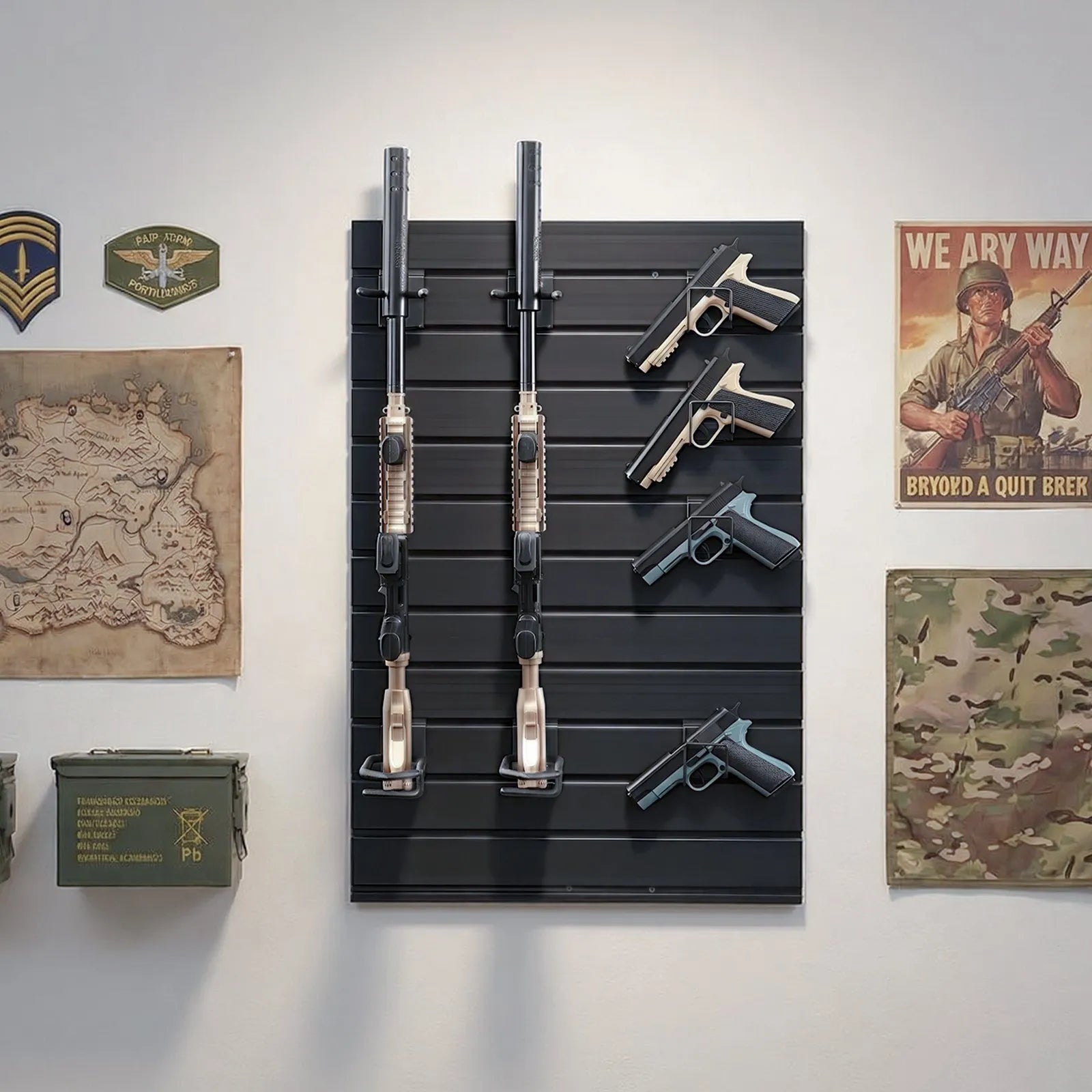 Wall Mount, Tactical Rifle Shotgun Handgun Storage, Heavy-Duty PVC Panels & Steel Wall Racks, Securely Holds up to 2 Rifles & 4 Pistols, Modular Firearms Gun Gear Accessories Organizer