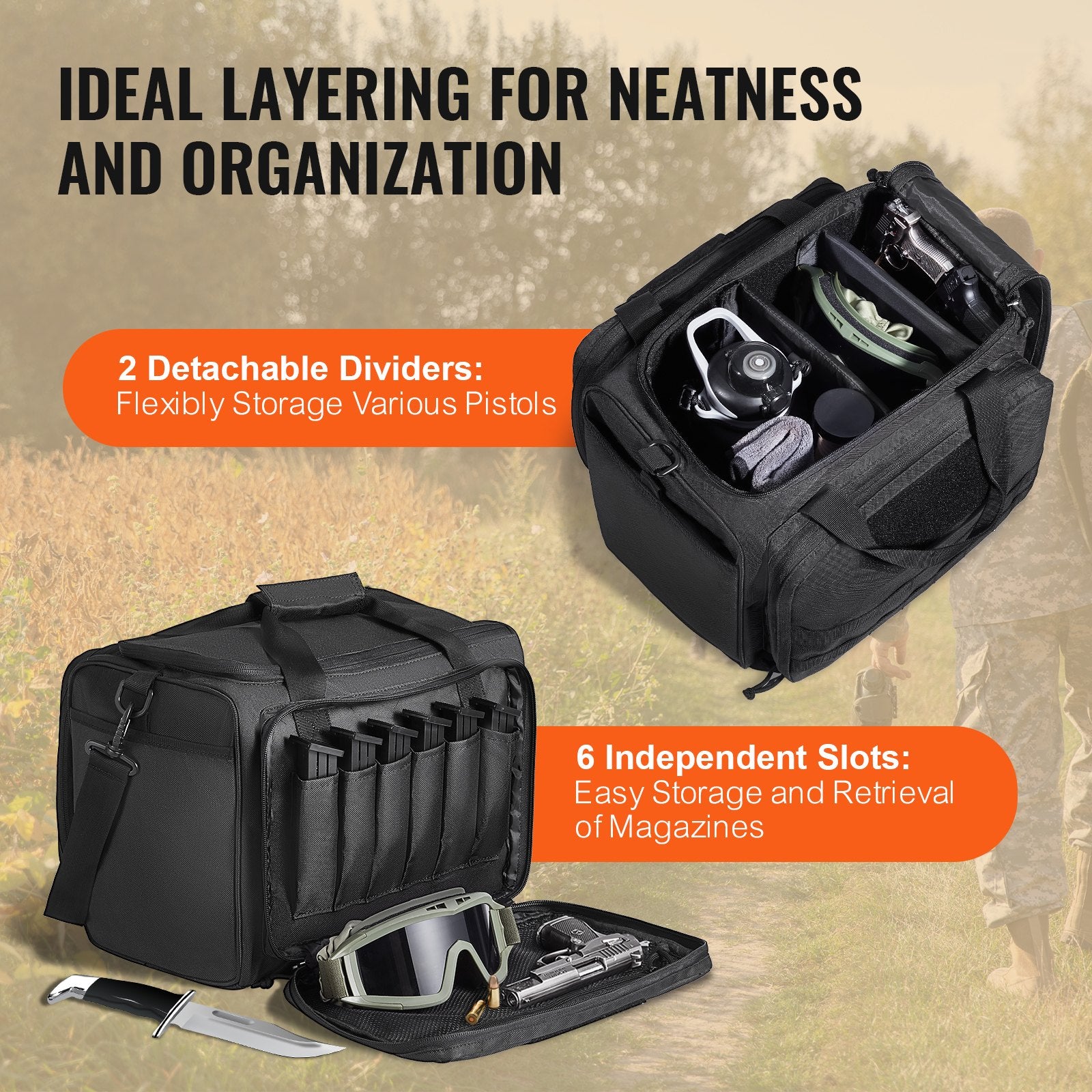 Range Bag for 3 Pistols, Tactical Gun Range Bag with 2 Detachable Baffles & 6 Magazines, Firearm Shooting Handgun Bag for Outdoor Hunting Pistol Bag with Single Shoulder Strip