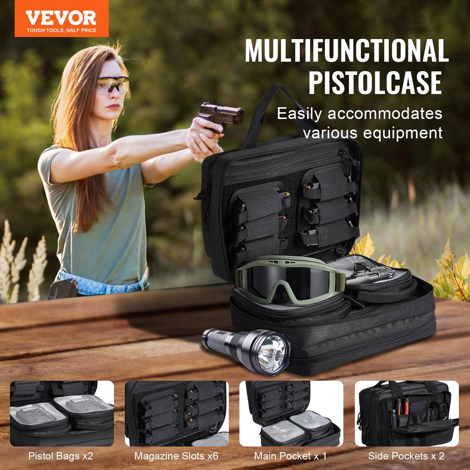 Range Bag for 2 Pistols, Tactical Gun Bag with 2 Built-in Removable Pistol Bags & 6 Detachable Magazines, Gun Range Bag for Outdoor Hunting Shooting, Lockable Carrying Handgun Bag Case