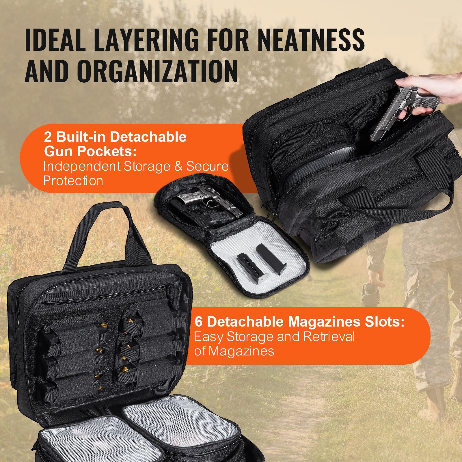 Range Bag for 2 Pistols, Tactical Gun Bag with 2 Built-in Removable Pistol Bags & 6 Detachable Magazines, Gun Range Bag for Outdoor Hunting Shooting, Lockable Carrying Handgun Bag Case