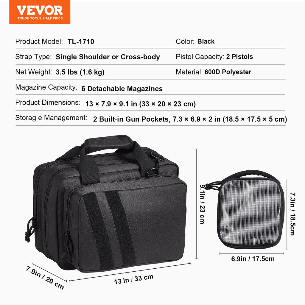 Range Bag for 2 Pistols, Tactical Gun Bag with 2 Built-in Removable Pistol Bags & 6 Detachable Magazines, Gun Range Bag for Outdoor Hunting Shooting, Lockable Carrying Handgun Bag Case