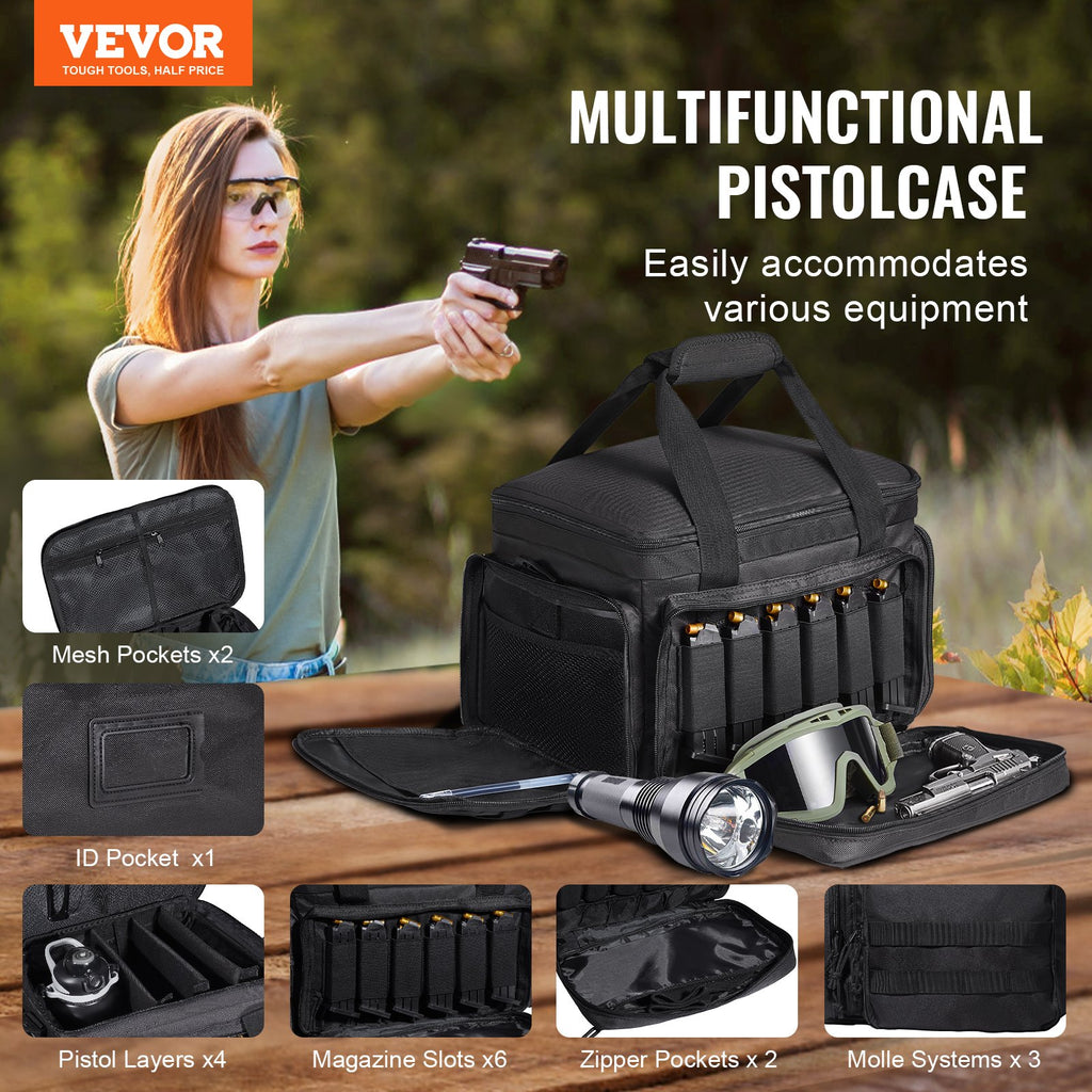 Range Bag for 4 Pistols, Tactical Gun Range Bag with 3 Detachable Baffles & 6 Magazines, Firearm Shooting Handgun Bag for Outdoor Hunting Shooting Pistol Bag with Single Shoulder Strip