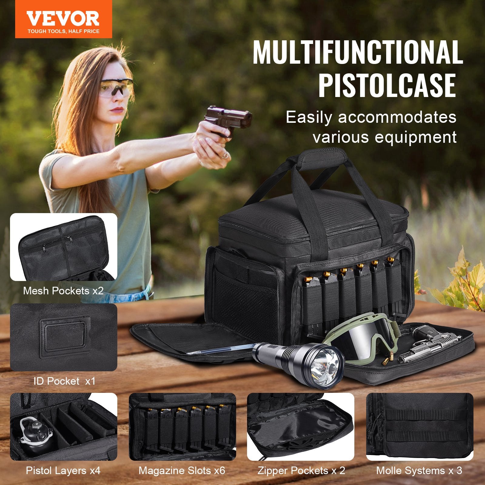 Range Bag for 4 Pistols, Tactical Gun Range Bag with 3 Detachable Baffles & 6 Magazines, Firearm Shooting Handgun Bag for Outdoor Hunting Shooting Pistol Bag with Single Shoulder Strip