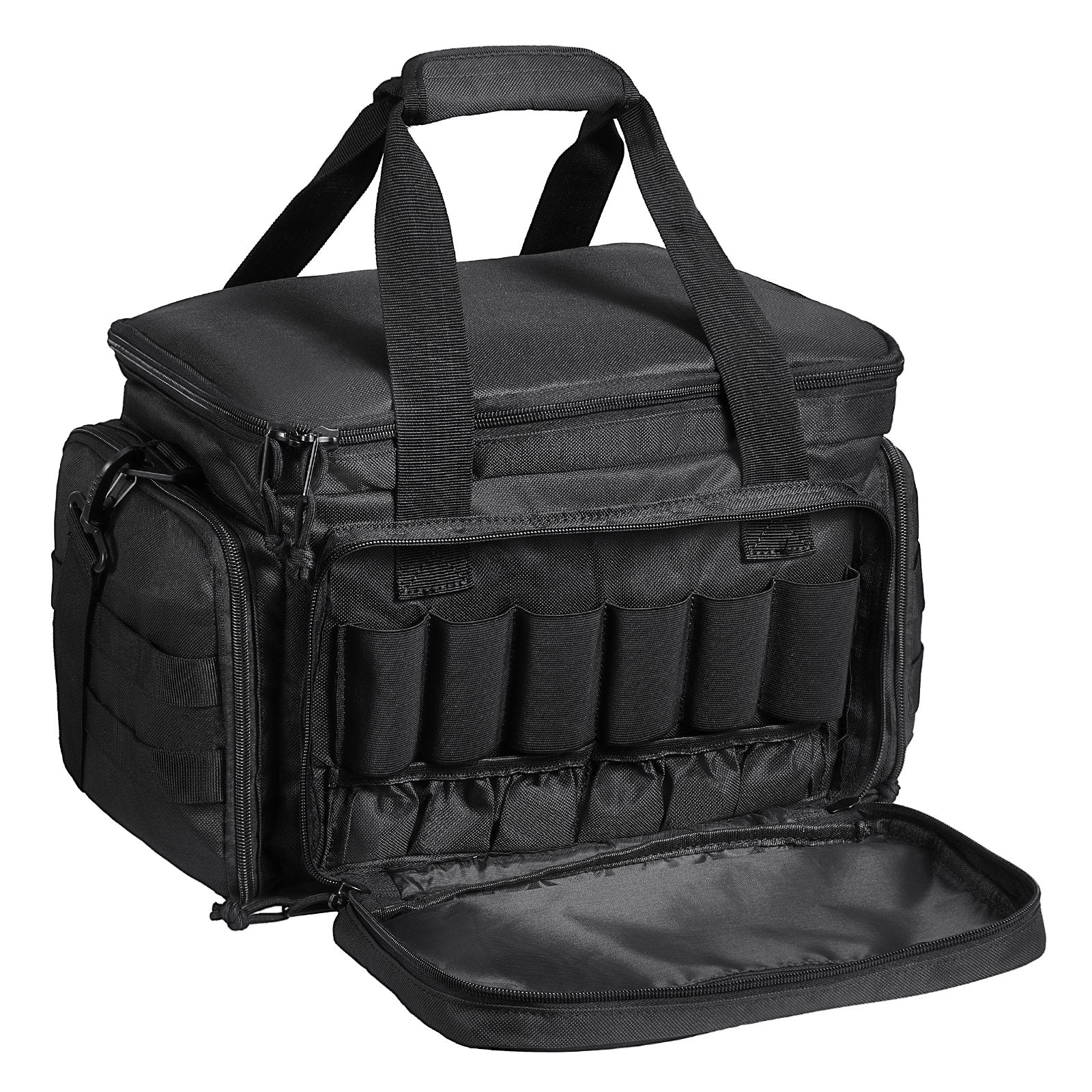 Range Bag for 4 Pistols, Tactical Gun Range Bag with 3 Detachable Baffles & 6 Magazines, Firearm Shooting Handgun Bag for Outdoor Hunting Shooting Pistol Bag with Single Shoulder Strip