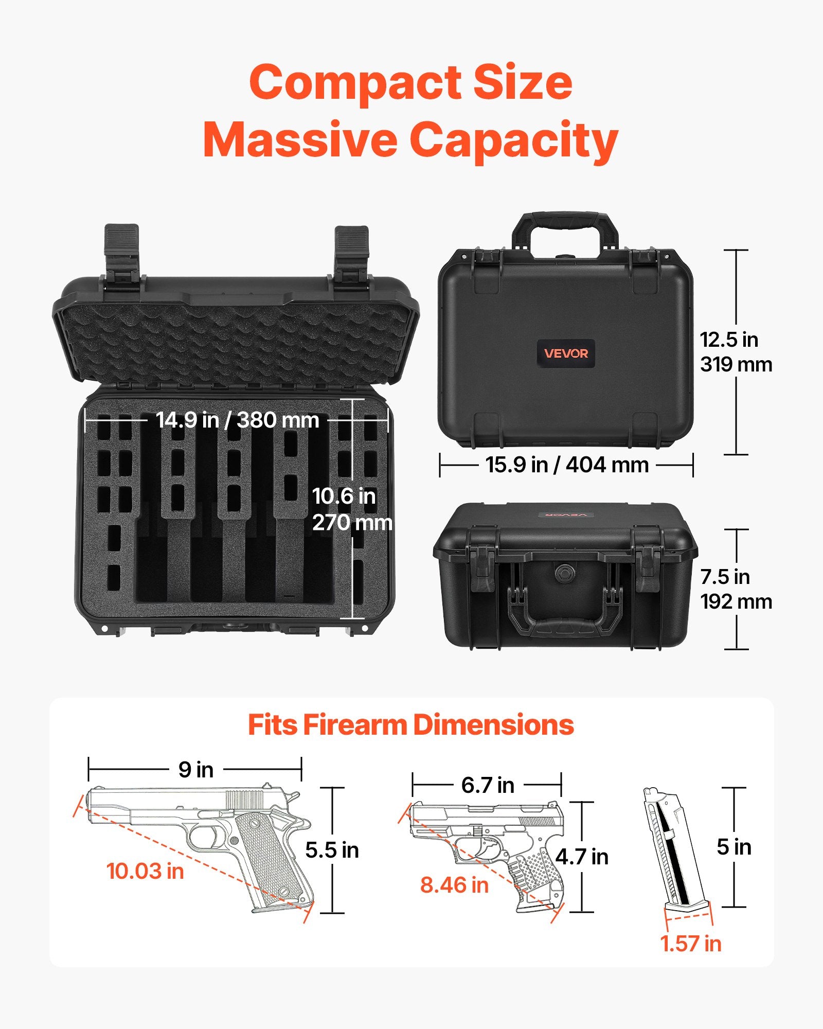 Hard Pistol Case, Heavy Duty Hard Gun Case with XPE Foam Lining, Waterproof Pistol Storage Box with Customizable Interior & Handle for Gun, Lenses, Camera, Gear, TSA Compliant, 15.9x12.5x7.5 in