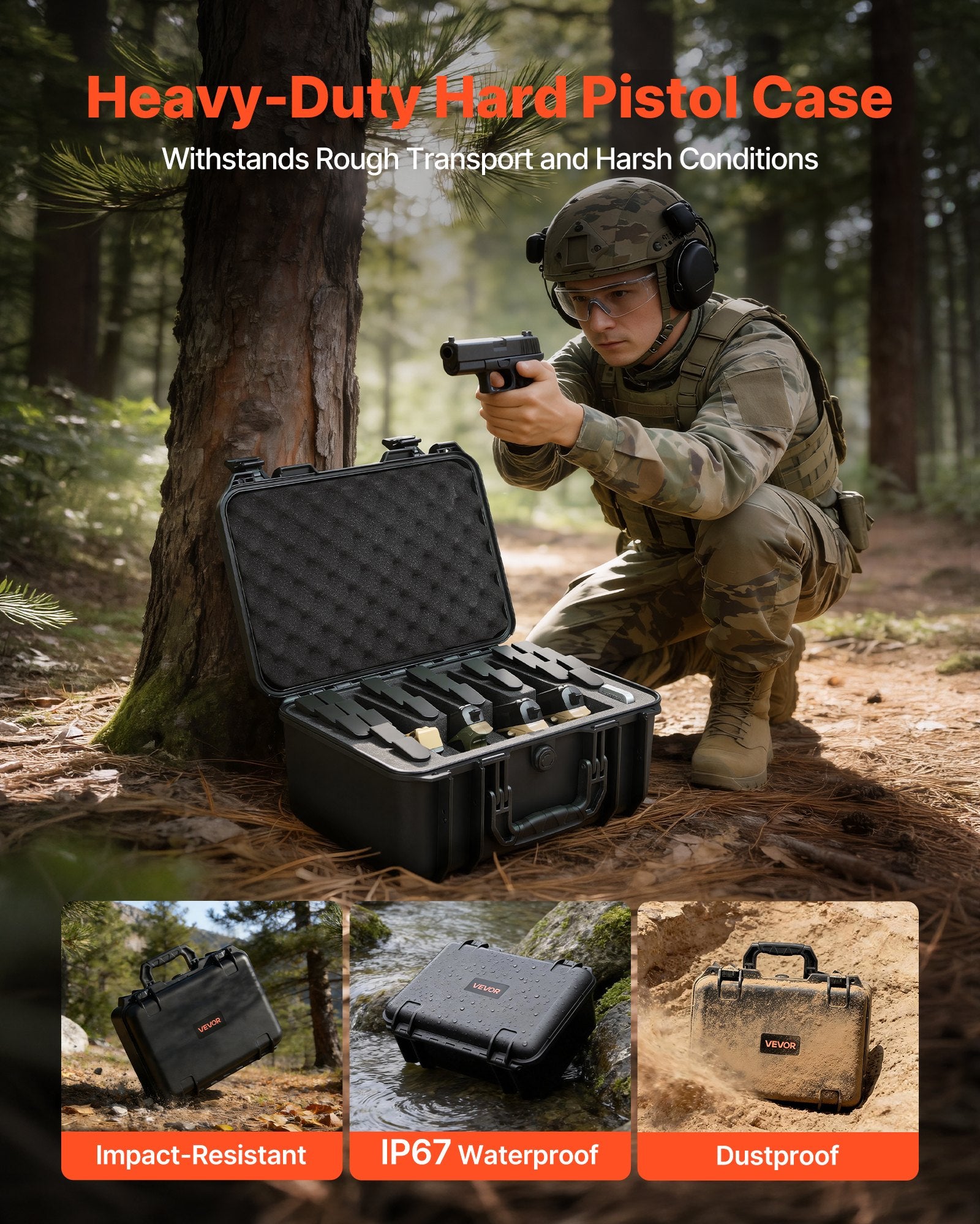 Hard Pistol Case, Heavy Duty Hard Gun Case with XPE Foam Lining, Waterproof Pistol Storage Box with Customizable Interior & Handle for Gun, Lenses, Camera, Gear, TSA Compliant, 15.9x12.5x7.5 in