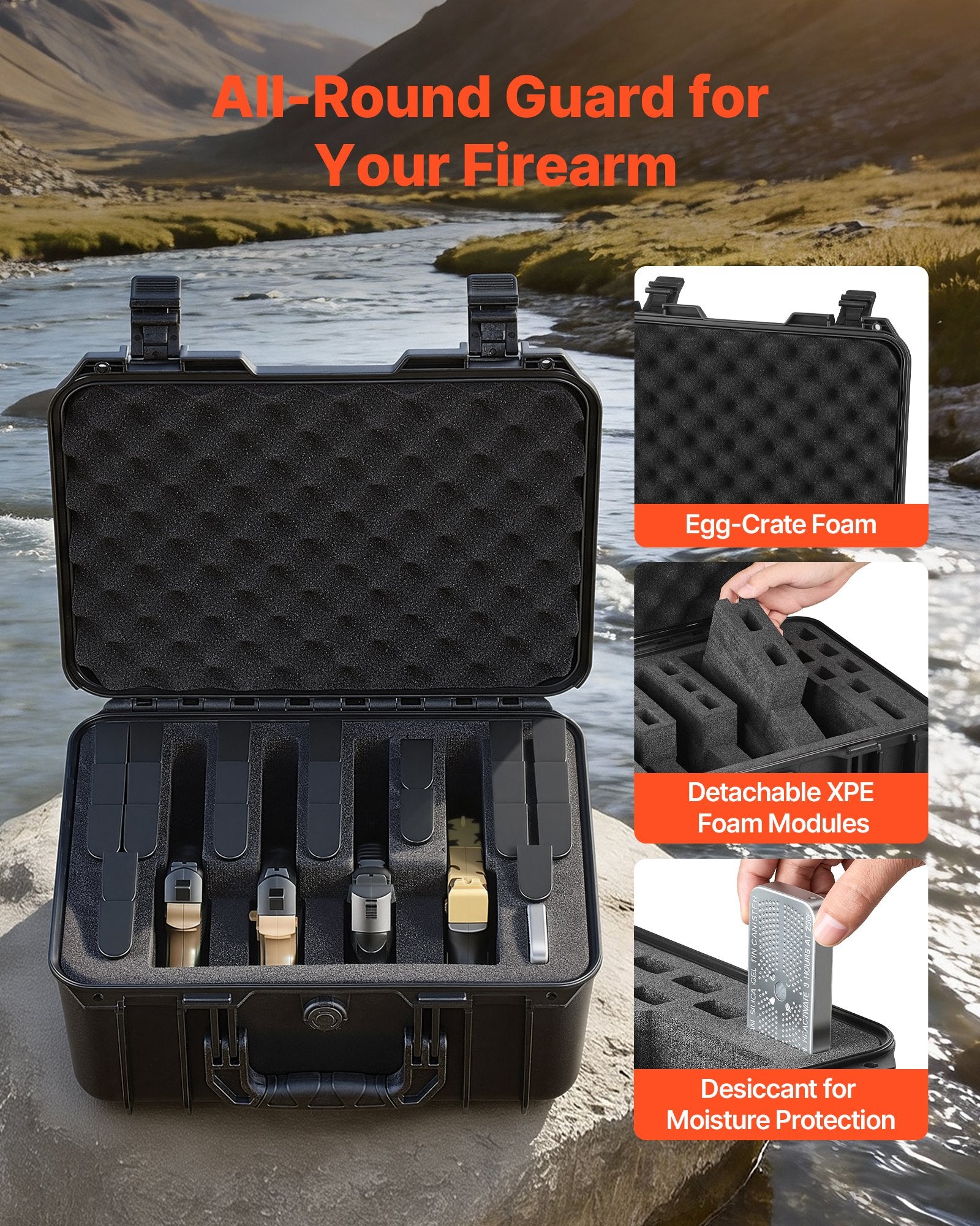 Hard Pistol Case, Heavy Duty Hard Gun Case with XPE Foam Lining, Waterproof Pistol Storage Box with Customizable Interior & Handle for Gun, Lenses, Camera, Gear, TSA Compliant, 15.9x12.5x7.5 in