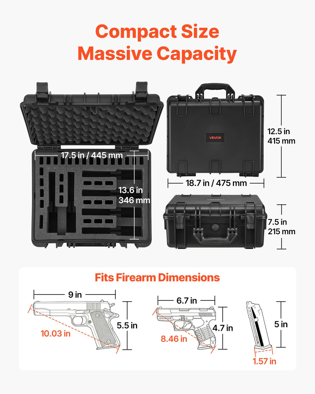 Hard Pistol Case, Heavy Duty Hard Gun Case with XPE Foam Interior, Waterproof Pistol Storage Box with Customizable Lining & Handle for Gun, Lenses, Camera, Gear, TSA Compliant, 18.7x12.5x7.5 in