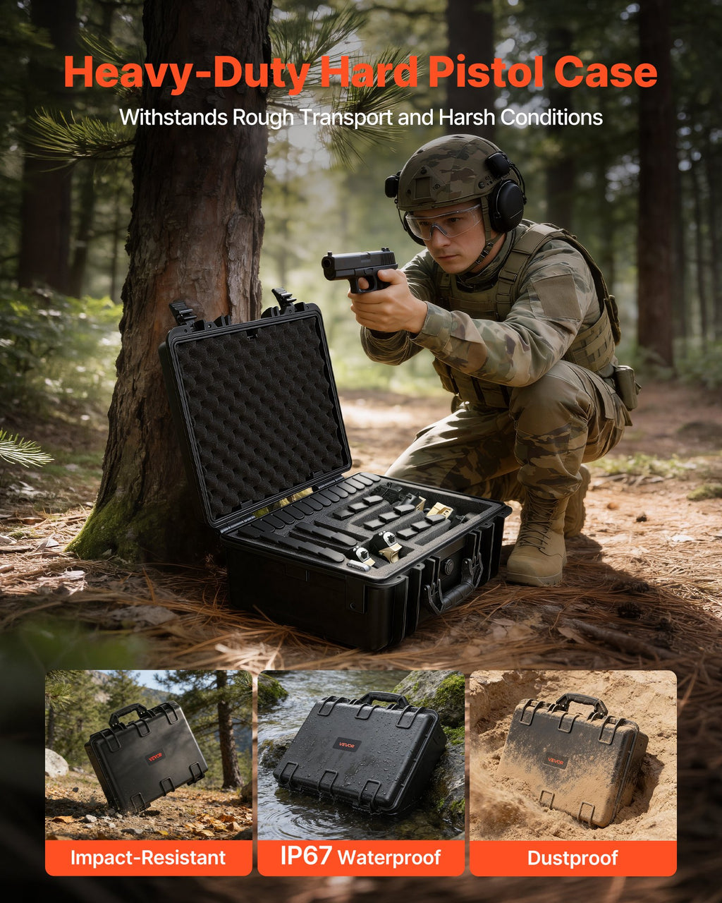 Hard Pistol Case, Heavy Duty Hard Gun Case with XPE Foam Interior, Waterproof Pistol Storage Box with Customizable Lining & Handle for Gun, Lenses, Camera, Gear, TSA Compliant, 18.7x12.5x7.5 in