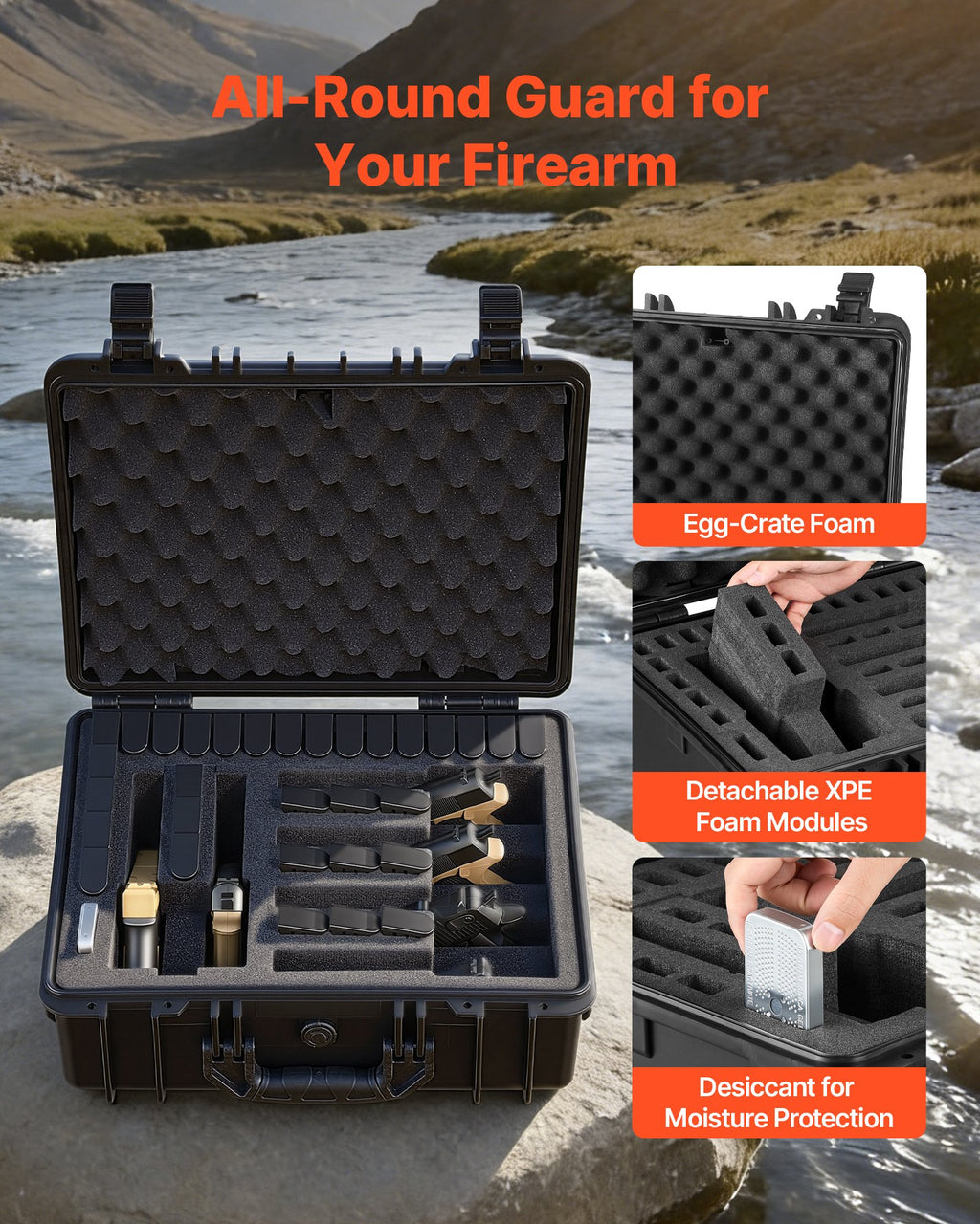 Hard Pistol Case, Heavy Duty Hard Gun Case with XPE Foam Interior, Waterproof Pistol Storage Box with Customizable Lining & Handle for Gun, Lenses, Camera, Gear, TSA Compliant, 18.7x12.5x7.5 in