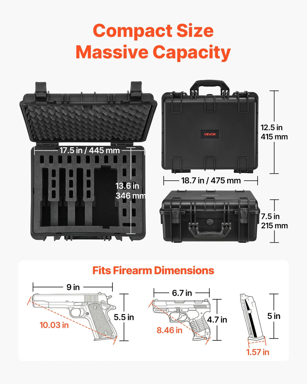 Hard Pistol Case, Heavy Duty Hard Gun Case with XPE Foam Lining, Waterproof Pistol Storage Box with Customizable Interior & Handle for Gun, Lenses, Camera, Gear, TSA Compliant, 18.7x12.5x7.5 in