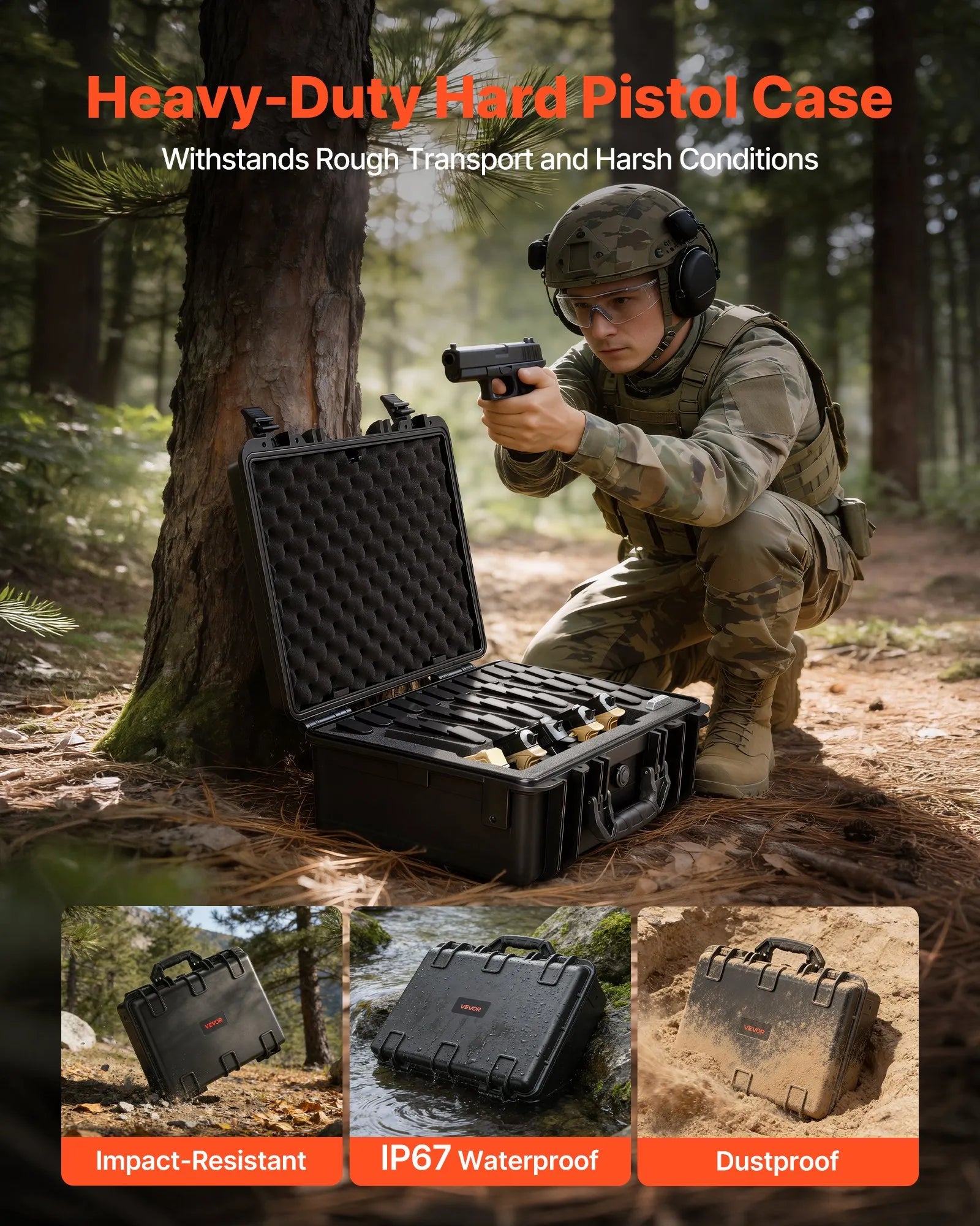 Hard Pistol Case, Heavy Duty Hard Gun Case with XPE Foam Lining, Waterproof Pistol Storage Box with Customizable Interior & Handle for Gun, Lenses, Camera, Gear, TSA Compliant, 18.7x12.5x7.5 in