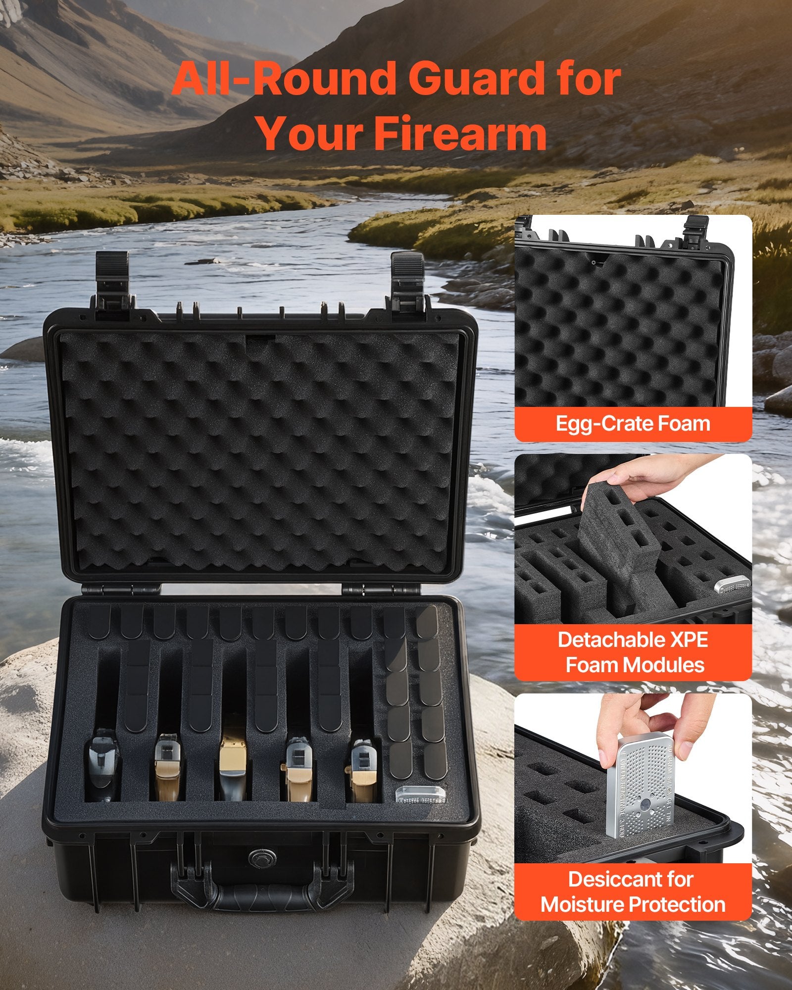 Hard Pistol Case, Heavy Duty Hard Gun Case with XPE Foam Lining, Waterproof Pistol Storage Box with Customizable Interior & Handle for Gun, Lenses, Camera, Gear, TSA Compliant, 18.7x12.5x7.5 in