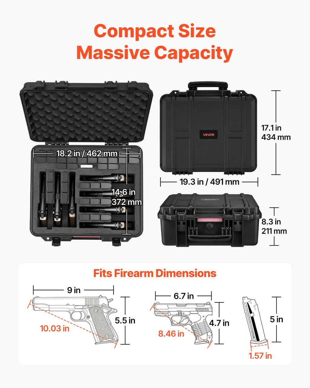 Hard Pistol Case, Heavy Duty Hard Gun Case with XPE Foam Lining, Waterproof Pistol Storage Box with Customizable Interior & Handle for Gun, Lenses, Camera, Gear, TSA Compliant, 19.3x17.1x8.3 in