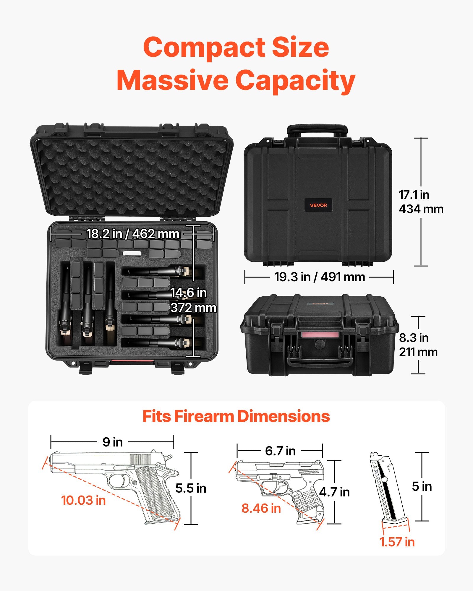 Hard Pistol Case, Heavy Duty Hard Gun Case with XPE Foam Lining, Waterproof Pistol Storage Box with Customizable Interior & Handle for Gun, Lenses, Camera, Gear, TSA Compliant, 19.3x17.1x8.3 in