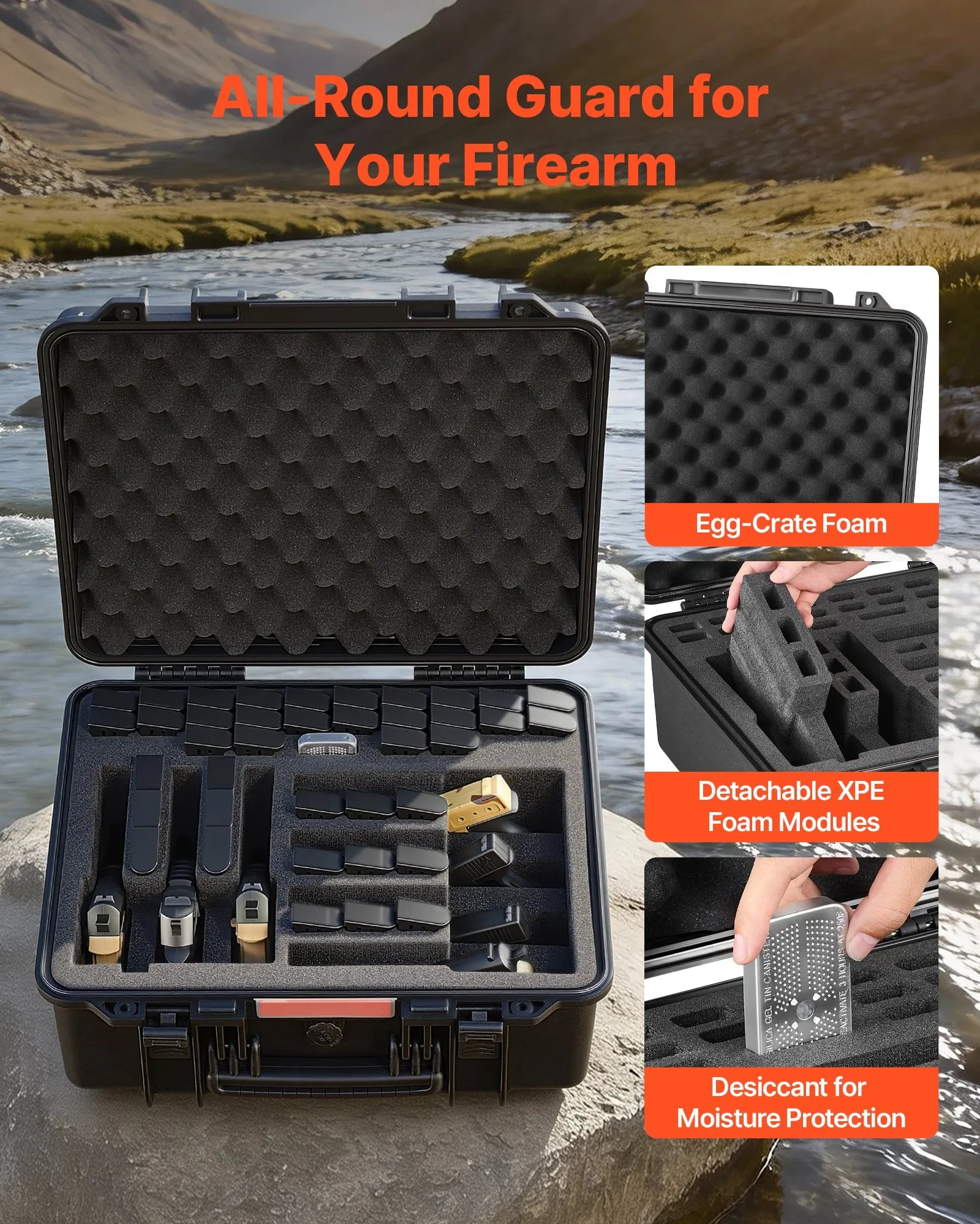 Hard Pistol Case, Heavy Duty Hard Gun Case with XPE Foam Lining, Waterproof Pistol Storage Box with Customizable Interior & Handle for Gun, Lenses, Camera, Gear, TSA Compliant, 19.3x17.1x8.3 in