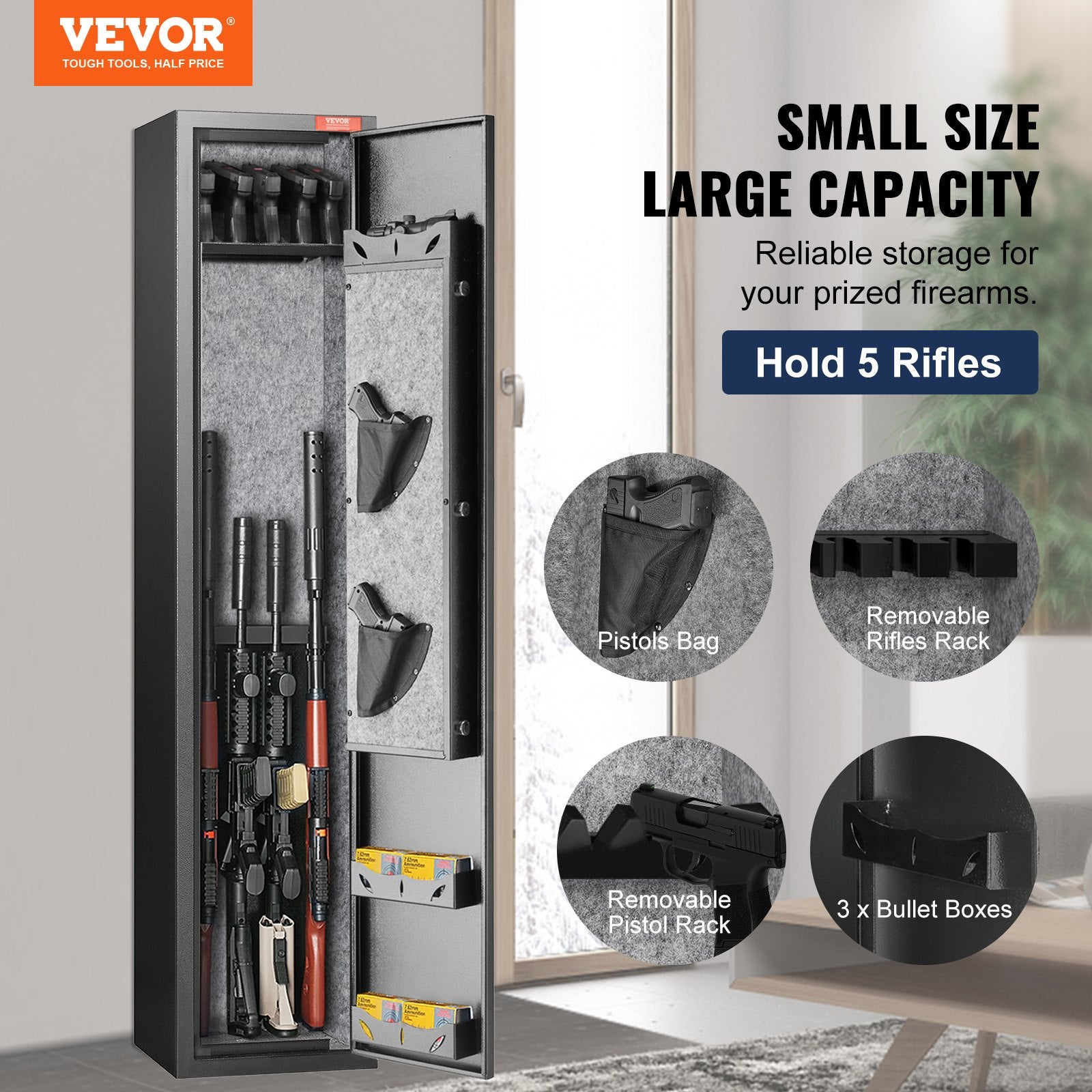 5 Rifles Gun Safe, Rifle Safe with Fingerprint Lock, Quick Access Gun Storage Cabinet for Shotguns with Removable Shelf, Pistol Rack, Ammo Storage Box for Home Long Gun and Pistols